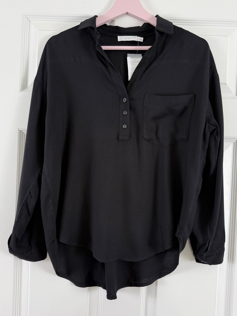 NWT Lush Solid Black Rayon Oversized Henley Top XS